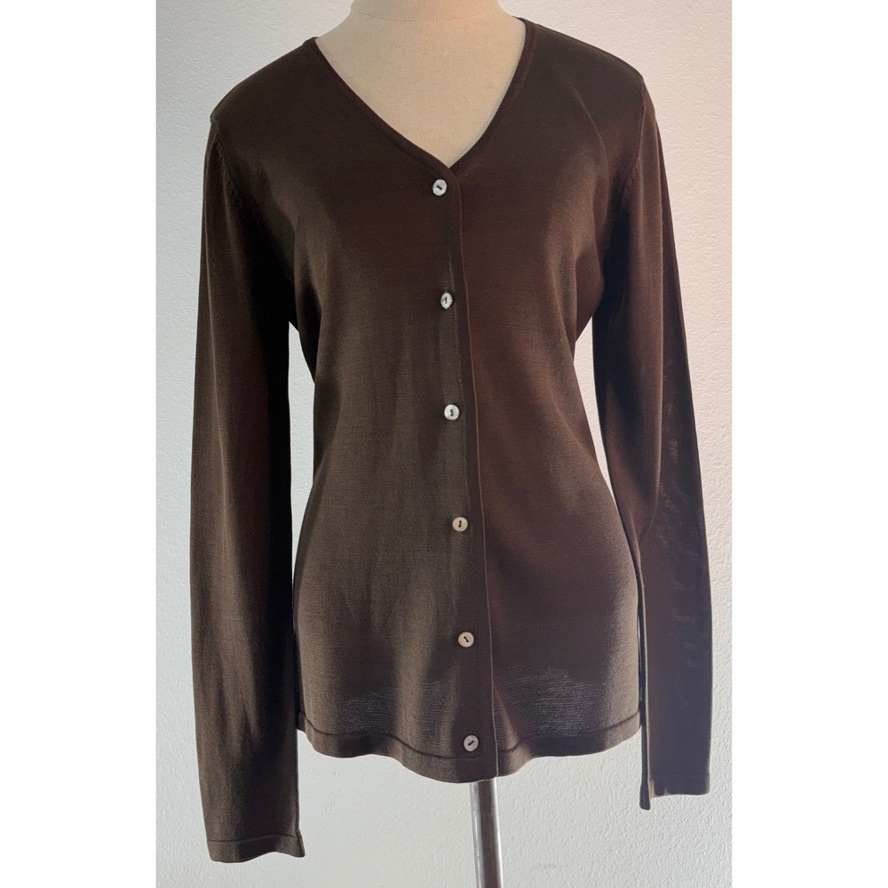 VTG 90s Liz Claiborne 100% Silk Brown Cardigan Sweater Button Front Minimalist